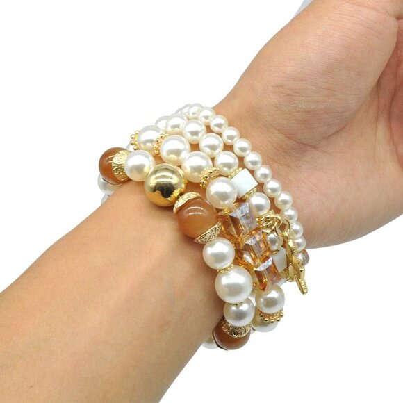 Pearl Charm Bracelet Set Imitate Pearl Alloy Bead Chain Starfish Stackable Multi - Picture 3 of 6